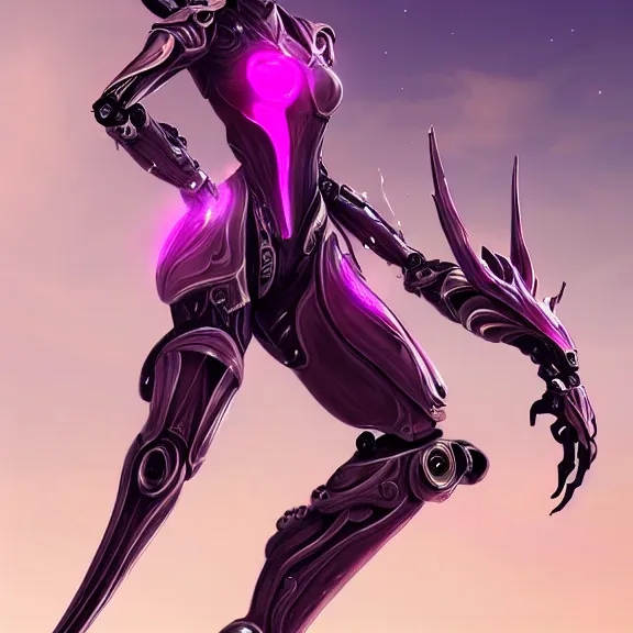 Image similar to highly detailed exquisite fanart, of a beautiful female warframe, but as an anthropomorphic robot dragon, shiny silver armor engraved, Fuchsia skin beneath the armor, elegant pose, close-up shot, streamline design, full body shot, epic cinematic shot, long elegant tail behind, sharp claws, robot dragon hands and feet, professional digital art, high end digital art, singular, realistic, DeviantArt, artstation, Furaffinity, 8k HD render