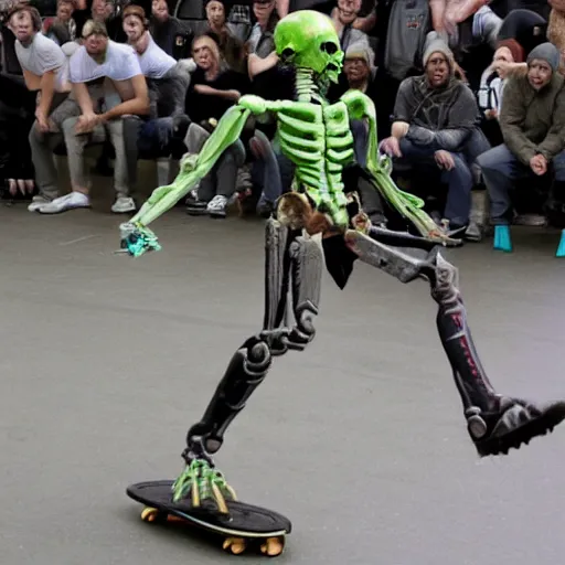 Image similar to necron doing a kickflip while humans look on in amazement and awe