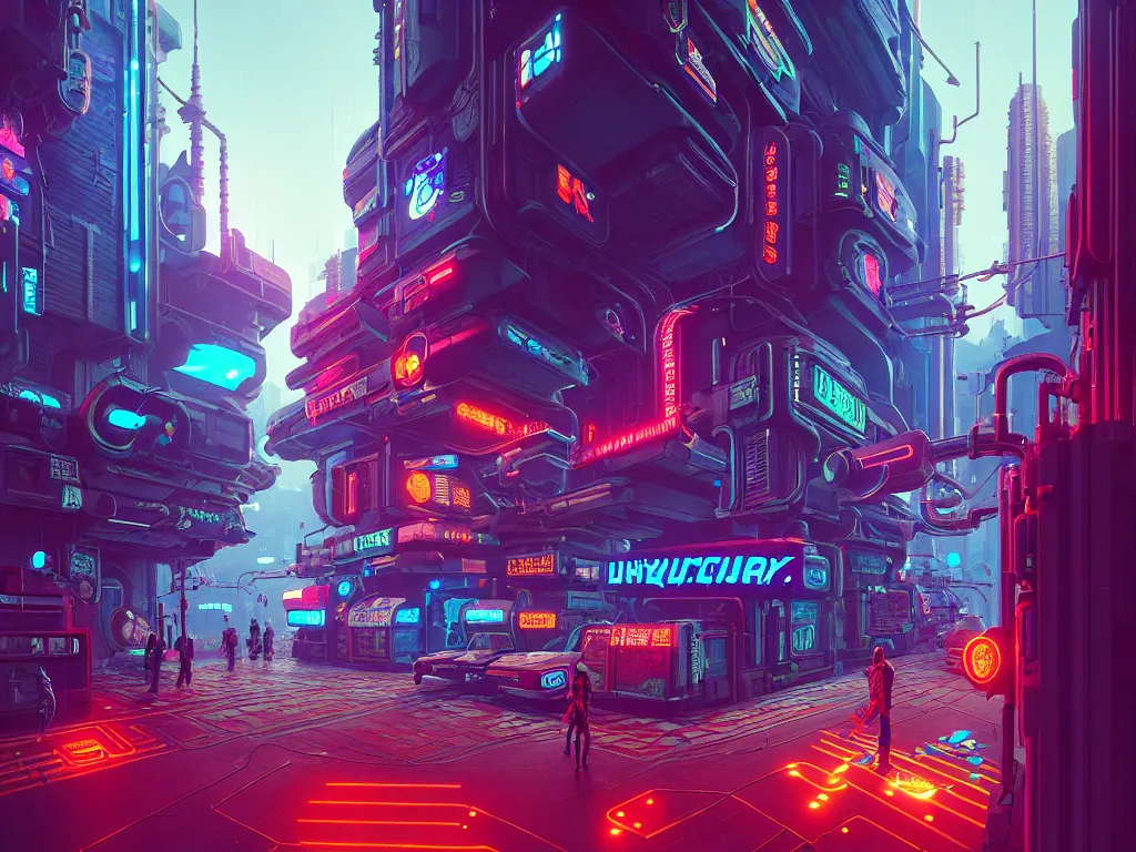 Prompt: cyberpunk city retro arcade, robotic limbs:: Simon Stålenhag and beeple and James Gilleard and Justin Gerard :: ornate, dynamic, particulate, intricate, elegant, highly detailed, centered, artstation, smooth, sharp focus, octane render, 3d