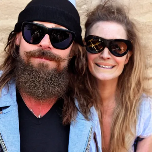 Prompt: 3 9 - year - old french bearded long - haired yoga punk singer wearing wraparound sunglasses. he also works as a commercial model and actor. looks like brad pitt. with girlfriend nearby