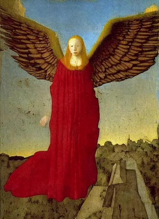 Image similar to Flying Fallen Angel with wings dressed in red, Medieval painting by Jan van Eyck, Johannes Vermeer, Florence