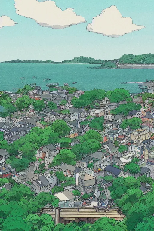 Prompt: View of cottagecore city from balcony of a high up apartment studio ghibli