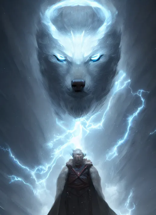 Prompt: Half-body portrait of a pale wise man who created the universe, wolf god. In style of Hyung-tae Kim and Greg Rutkowski, concept art, trending on ArtStation, over-detailed art, 8K, epic, dynamic lightning, dramatic pose.