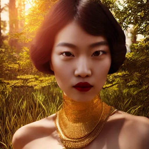 Image similar to innovative avant - garde art, deco fashion, asian women, highly detailed, photorealistic portrait by michael chavel, serene forest setting, golden hour, crisp quality and light reflections, octane render