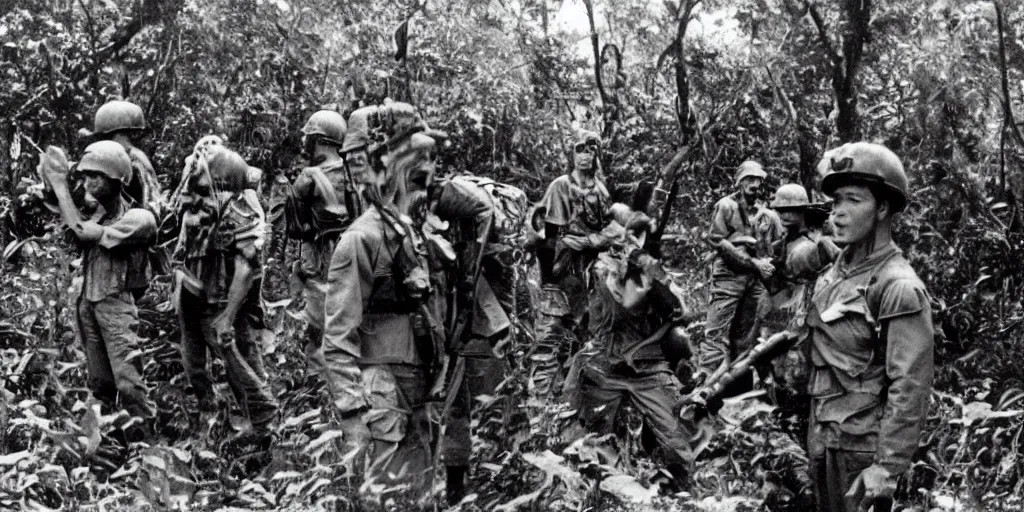 Prompt: 1960s photograph of a cthulhu monster next to US marines in a vietnamese jungle, colorized scan, detailed
