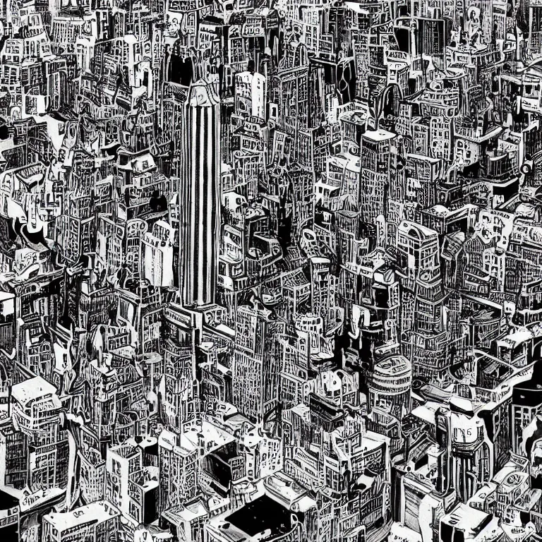 Prompt: a city literally built on rock and roll, trippy black and white comic art