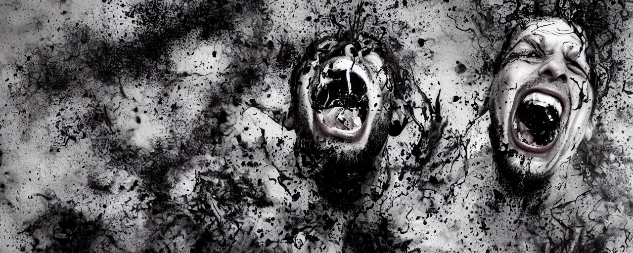 Prompt: portrait of a mad man screaming and laughing with ink bursting from the eyes, by max prentis,