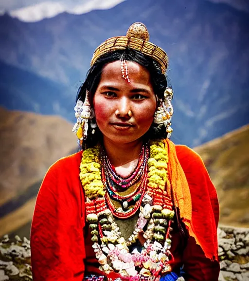 Prompt: vintage_portrait_photo_of_a_beautiful_nepalese_maiden with jewellery in the himalayan mountains