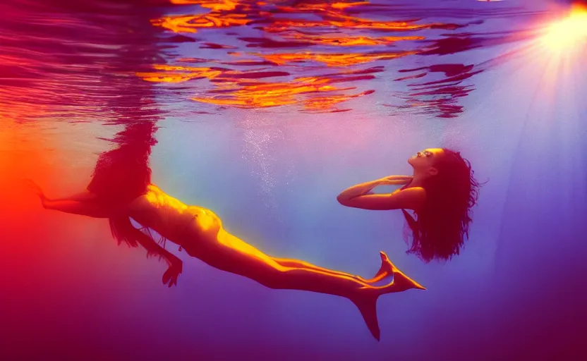 Image similar to photo of very beautiful woman underwater during sunrise, sunrays, caustics, rippling water, photoshoot, flowing hair and colorful fabric, haunting, iconic, masterpiece, sharp focus