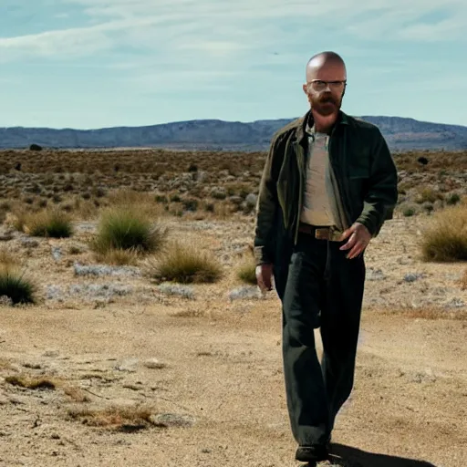 Image similar to Live Action Still of Aaron Paul dressed as Walter White, real life, hyperrealistic, ultra realistic, realistic, highly detailed, epic, HD quality, 8k resolution, body and headshot, film still