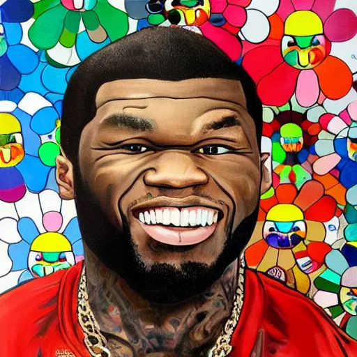 Image similar to a painting of 50 cent by Takashi Murakami