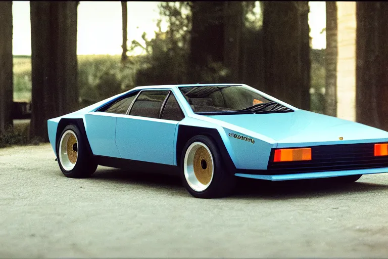 Image similar to designed by bertone stylized poser of a single 1 9 8 1 lamborghini jalpa thick neon lights ektachrome photograph volumetric lighting f 8 aperture cinematic eastman 5 3 8 4 film