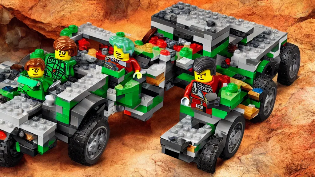 Prompt: lego rock raiders vehicle in a cave adventurous, 2000s, old school game highly detailed textures