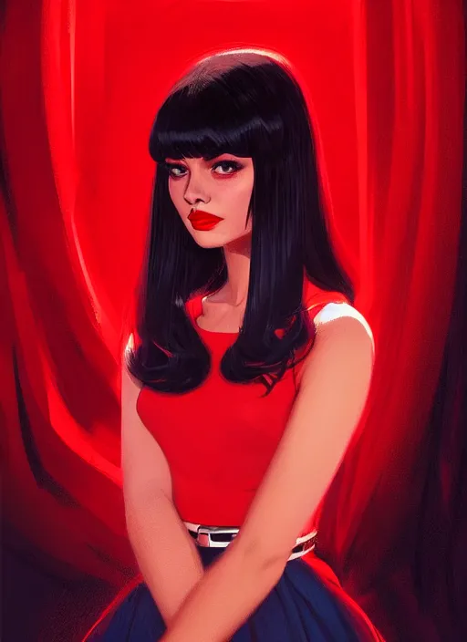 Image similar to portrait of veronica lodge with bangs, 1 9 6 0 s, long hair, red clothes, bangs, intricate, elegant, glowing lights, highly detailed, digital painting, artstation, concept art, smooth, sharp focus, illustration, art by wlop, mars ravelo and greg rutkowski