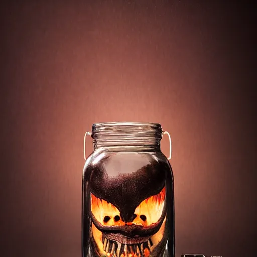 Image similar to Evil monster in a jar by Greg Rutkowski, product photography, centered, studio lightning