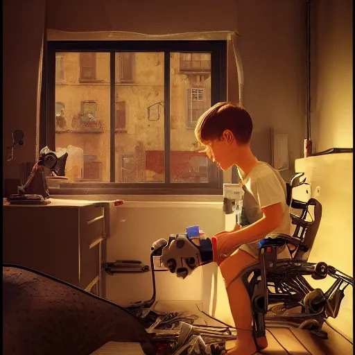 Image similar to a kid fixing his broken robot in his room, au naturel, hyper detailed, digital art, trending in artstation, cinematic lighting, studio quality, smooth render, unreal engine 5 rendered, octane rendered, art style by klimt and nixeu and ian sprigger and wlop and krenz cushart