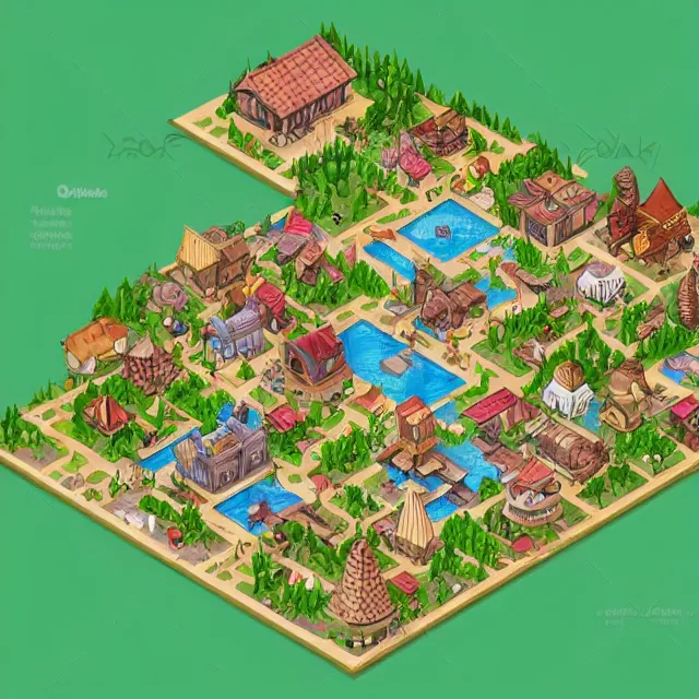 Prompt: an isometric map of a fantasy village
