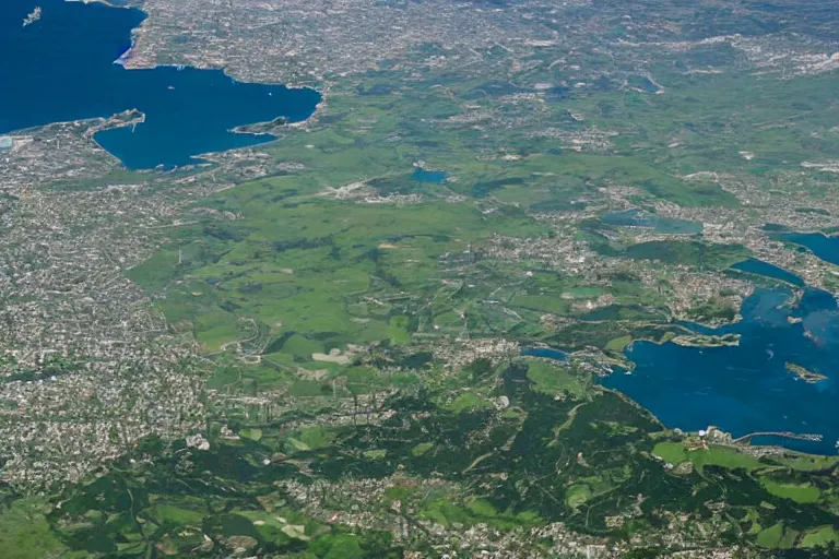 Prompt: satellite image of a bay town facing north, green mountains to the south, and a castle across the bay