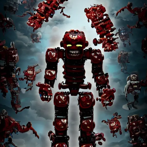 Image similar to panoramic vision of giant humanoid robot demon zombie overlord with gummie bears