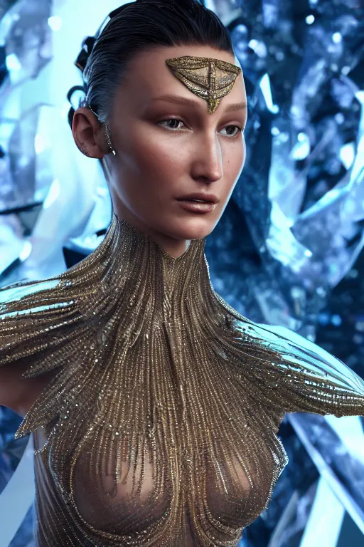 Image similar to a highly detailed metahuman 4 k render close up of an alien goddess bella hadid in iris van herpen dress schiaparelli in diamonds swarovski and jewelry in style of alphonse mucha trending on artstation made in unreal engine 4