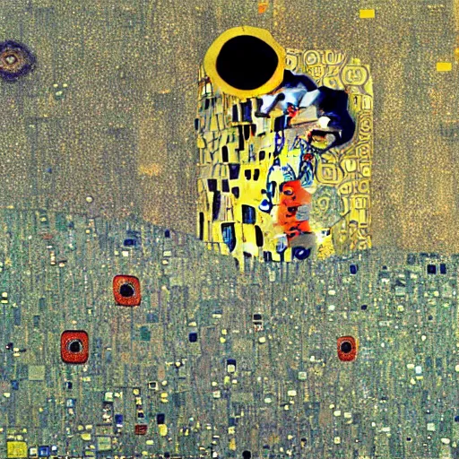 Prompt: woman looking out of a porthole window in a gigantic detailed ufo flying over a town painting by gustav klimt