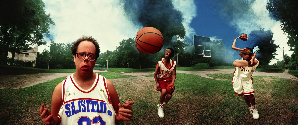 Image similar to award winning photo of todd solondz playing basketball in the hood and smoking weed, vivid colors, happy, symmetrical face, beautiful eyes, studio lighting, wide shot art by sally mann & arnold newman