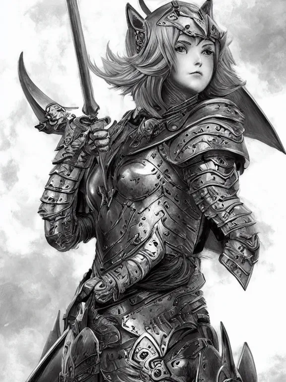 Prompt: picture of paladin girl with cat ears and cat tail, heavy armor, dnd, high fantasy, highly detailed, detailed face, grayscale monochromatic, manga illustration, by artgerm, greg rutkowski, kentaro miura