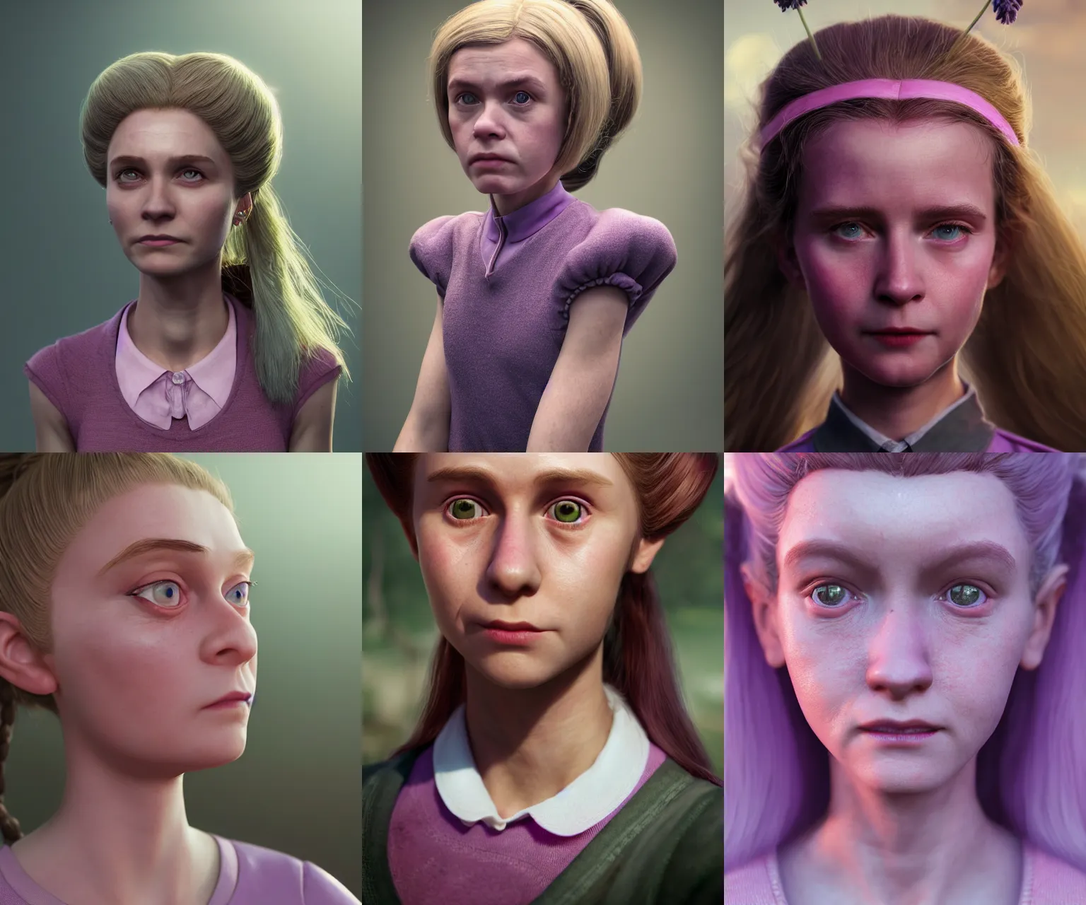 Prompt: incredibly realistic, too detailed face of young girl umbridge, tight long ponytail, lavender tanktop, octane render, bump mapping, macro image, global illumination, 8 k, bokeh, enki bilal, yuji himukai, jen zee, peter mohrbacher