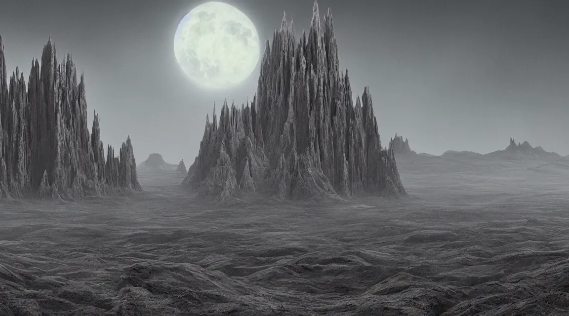 Image similar to stunning large format photograph, beautiful cinematic perspective of an incredible ultra detailed architectural masterpiece towering alien castle on a craggy grey moon inspired by moebius, strange gigantic mesas, distant mountains, soft black psychedelic haze in the sky, photographed in the style of denis villeneuve and greig fraser, Arri Alexa LF, crisp detailed ground, soft sky, visual effects and composite by ILM, 10k with IMAX