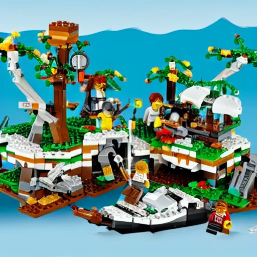 Prompt: Lego overgrown deserted island city