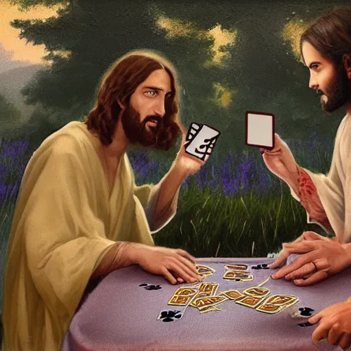 Image similar to Jesus and the Devil playing cards in a garden, photorealistic, award winning, 8k, trending on major art outlets,