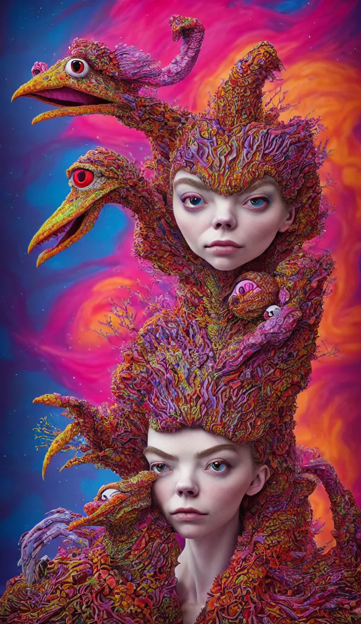 Image similar to hyper detailed 3d render like a Oil painting - kawaii portrait of one Aurora (a beautiful skeksis muppet fae queen from dark crystal that looks like Anya Taylor-Joy) seen red carpet photoshoot in UVIVF posing in scaly dress to Eat of the Strangling network of yellowcake aerochrome and milky Fruit and His delicate Hands hold of gossamer polyp blossoms bring iridescent fungal flowers whose spores black the foolish stars by Jacek Yerka, Ilya Kuvshinov, Mariusz Lewandowski, Houdini algorithmic generative render, Abstract brush strokes, Masterpiece, Edward Hopper and James Gilleard, Zdzislaw Beksinski, Mark Ryden, Wolfgang Lettl, hints of Yayoi Kasuma and Dr. Seuss, octane render, 8k