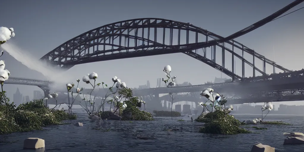 Image similar to a big harbour bridge collapses after explosions in the form of white cotton plants, 3 d octane render, epic lighting, 8 k, by goro fujita