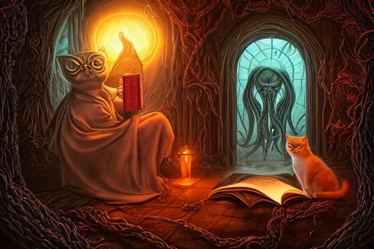 Image similar to romantic photo of bright girl, her cat and her book of necronomicon, symmetrical, cinematic, real dlsr photography, sharp focus, 4 k, ultra hd, sense of awe, sinister demonic atmosphere, dreadful, forbidden knowledge, old gods, cthulhu, yog - sothoth! yah, yah, yah! cultist journal cover