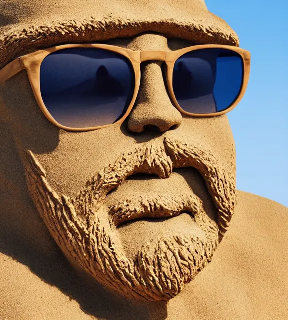 Prompt: a 4 k photorealistic photo medium shot of a sand statue of a man with a beard wearing sunglasses