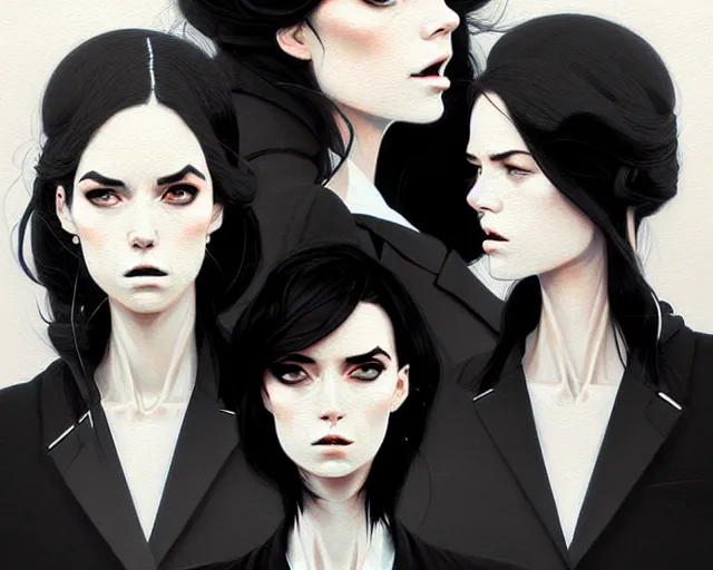 Image similar to a ultradetailed portrait painting of three women in black suits, by conrad roset, greg rutkowski and makoto shinkai trending on artstation