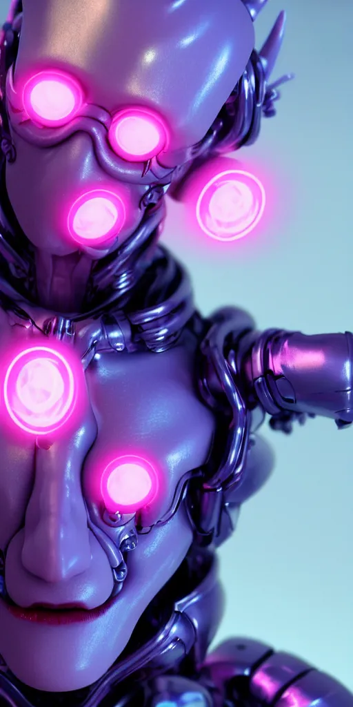 Image similar to 3d octane close-up high quality render of gothic cyborg man with white hair and pearlescent pink skin key sage wayne barlowe very soft blue neon lighting on one side wide angle 35mm shallow depth of field 8k