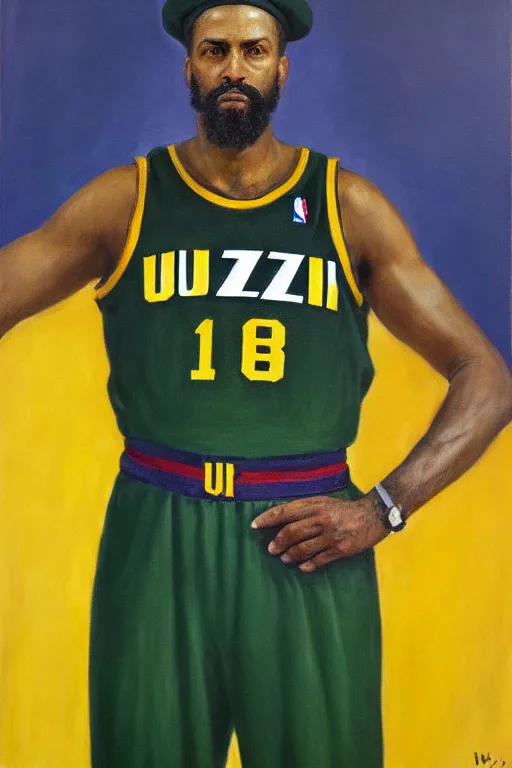 Prompt: full body portrait of the dictator of the nba utah jazz, 1 8 8 9, in full military garb, navy, green, yellow, oil on canvas by william sidney mount, trending on artstation