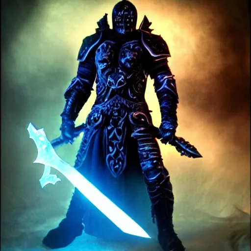 Prompt: death knight wearing a worn armor carved with death runes that emit a purple glow of energy, dual wielding a large sword carved with rings that emit an electric blue glowing smoke, he is walking along the valley of the forgotten