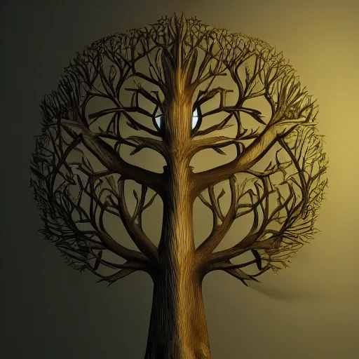 Image similar to Anthropomorphic tree of life in a dark room, face illuminated, hyperrealistic, artstation, 8k, concept art, very detailed, hd, digital painting, shadows, dimly lit, dramatic lighting