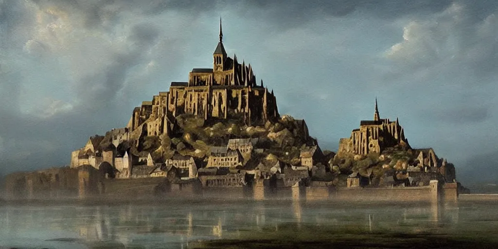 Image similar to masterpiece oil painting portraying mont saint michel but it's in the mountains in the style of romanticism landscape painters with a building on the foreground,beautiful!!!!!!!,misty!!!!!!!!!,detailed!!!!!!!,night sky,evocative,reflection in the water,photorealistic,chiaroscuro,soft lighting