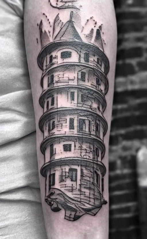 Image similar to a tattoo of an old man wearing a hat on top of a tower, ultra detailed, tattoo, 8 k