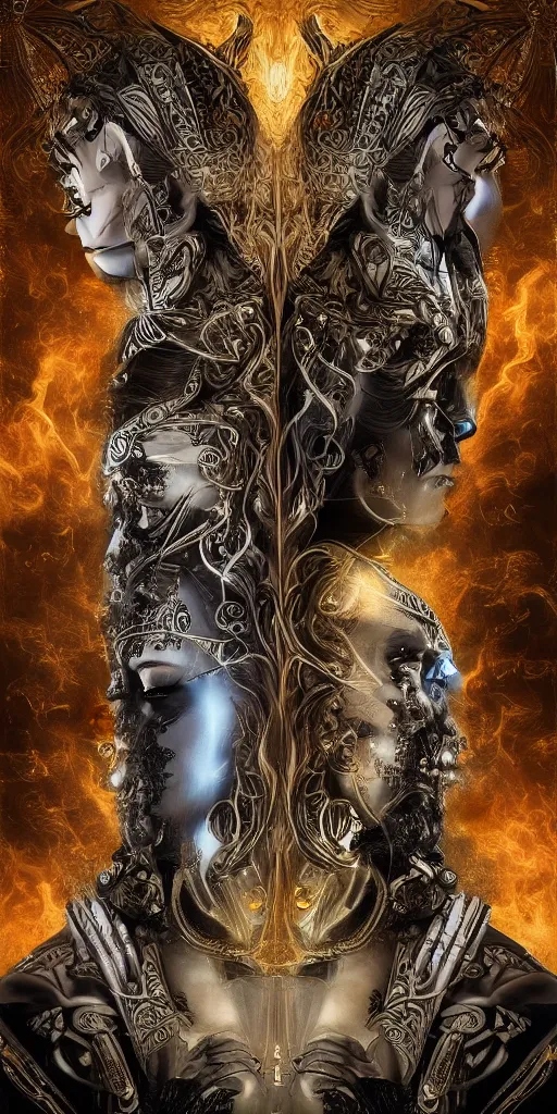 Image similar to HDR portrait photography of two Deities horizontally mirrored between utopia on the right and the underworld on the left. The Benevolent Cyborg Queen in utopia on the right, mirroring The Evil Cyborg King in the dark underworld on the left, ethnic fantasy, intricate, elegant, highly detailed, African, Egyptian, Aztec, Mayan, digital painting, trending on ArtStation, HDR photo, smooth, sharp focus, illustration, art by artgerm and greg rutkowski and alphonse mucha