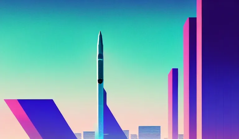 Image similar to a beautiful, minimal. sharp focus, and immaculate overcast futuristic spaceport. vaporwave ombre rendering. outrun style. rocket on the launch pad in the style of a travel poster. trending on artstation. recommended for you behance. by chris moore. by edward hopper. ambient occlusion. digital matte painting. metropolis filmic. gotham city.