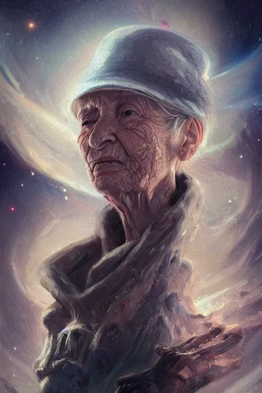 Image similar to the look of an elderly person 4 1 6 0 full of wrinkles and imperfections by artgem and greg rutkowski, highly detailed, high contrast, light reflection, trippy, nebula, trending on artstation