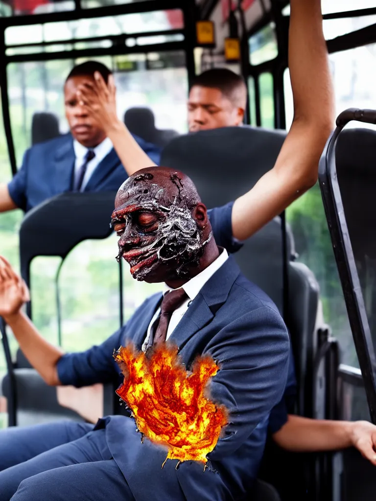 Image similar to a perfect portrait of a bus driver giving a deposition. his skin is expanding and bursting. leaking molten marshmallow from the fissures in his stretched, agonising skin.