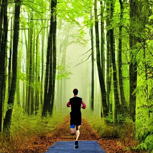 Image similar to athletic guy runs through a forest with tall trees, acid-green sneakers, a photo from the back, art McKie Angus, perspective