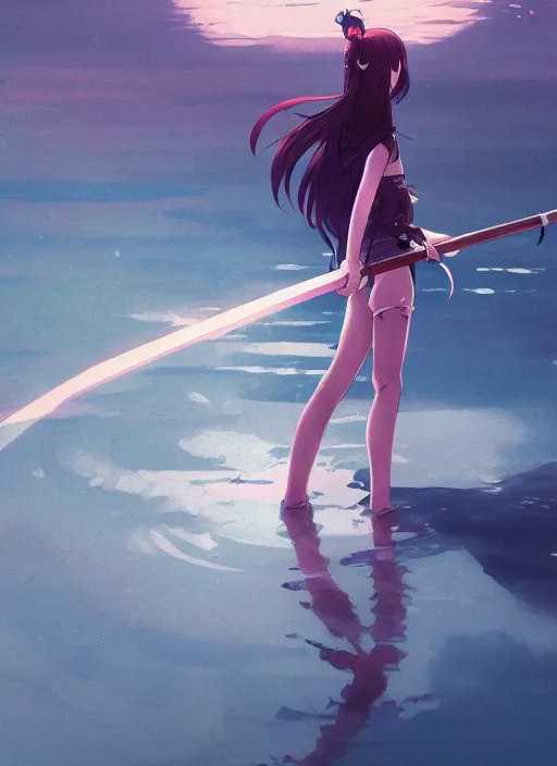 Prompt: anime girl with a katana walking on water, ripples, backdrop of dawn, saturn in the background, illustration, concept art, anime, key visual, trending pixiv fanbox by wlop and greg rutkowski and makoto shinkai and studio ghibli