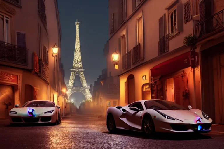 Image similar to a wholesome animation key shot of one focused ferrari, dynamic, on an ancient paris street, photo taken at night, wide shot, studio ghibli, pixar and disney animation, sharp, very detailed, high resolution, rendered in unreal engine 5, anime key art by greg rutkowski, overcast lighting, dark