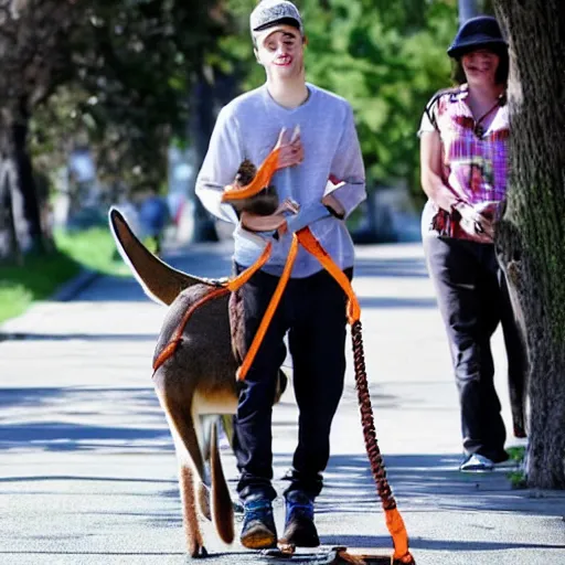 Prompt: Pete Davidson!!! walking a kangaroo, photo